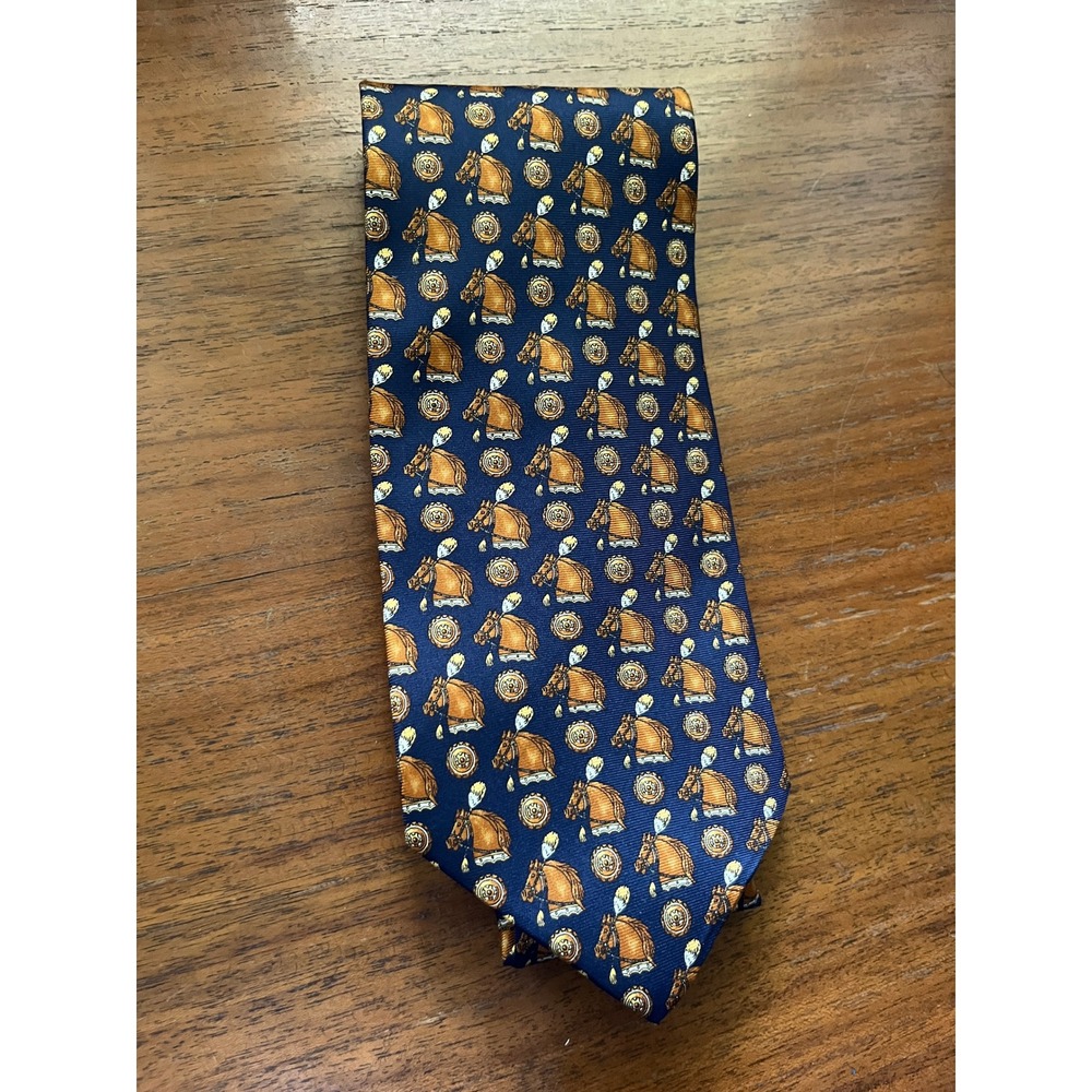 Gianfranco Ferre Mens Navy Blue Silk Equestrian Horse Print Tie Made in Italy